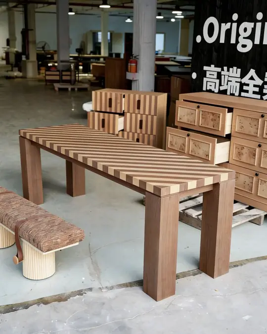 A long slatted timber garden bench with a matching low bench, in front of stacked wooden chests